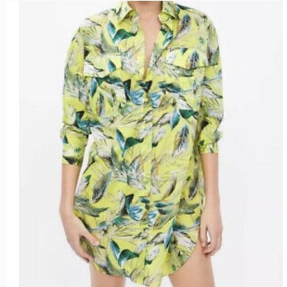 (SOLD) ZARA Tropical Print Button Front Mini Coverup Shirtdress Yellow Green M/L - Picture 8 of 12